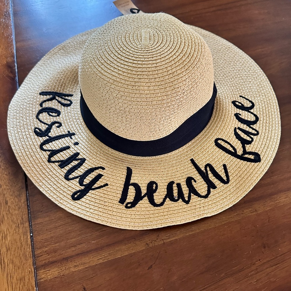 Beige Sun Hat with Black Band and Text